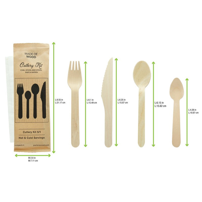 Kit cubiertos de madera 5/1: Cuchillo, tenedor, cuchara pequeña y grande, servilleta con funda kraft A165mm - 50Uds
