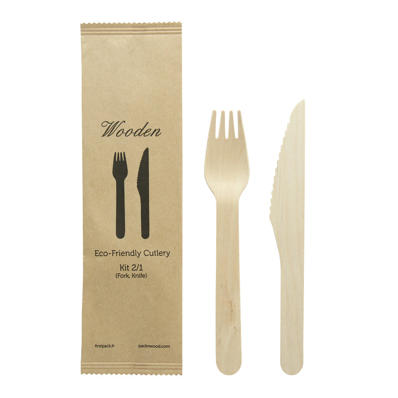 Kit 2/1 de madera: Cuchillo y tenedor A165mm - 50Uds