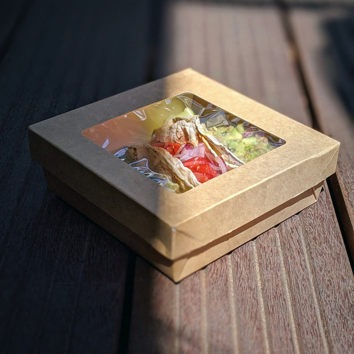 Caja cuadrada de cartón marrón con tapa ventana KRAY 1000ml 205x205mm A40mm - 50Uds