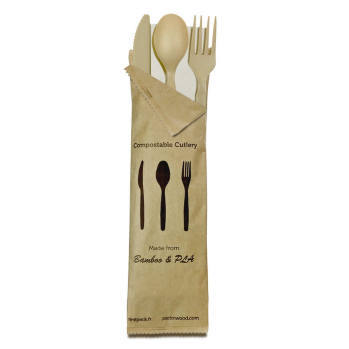 Kit 4/1 cubiertos de bambú y CPLA 4/1: Cuchillo, tenedor, cuchara y servilleta, envoltorio kraft 220x63mm - 50Uds